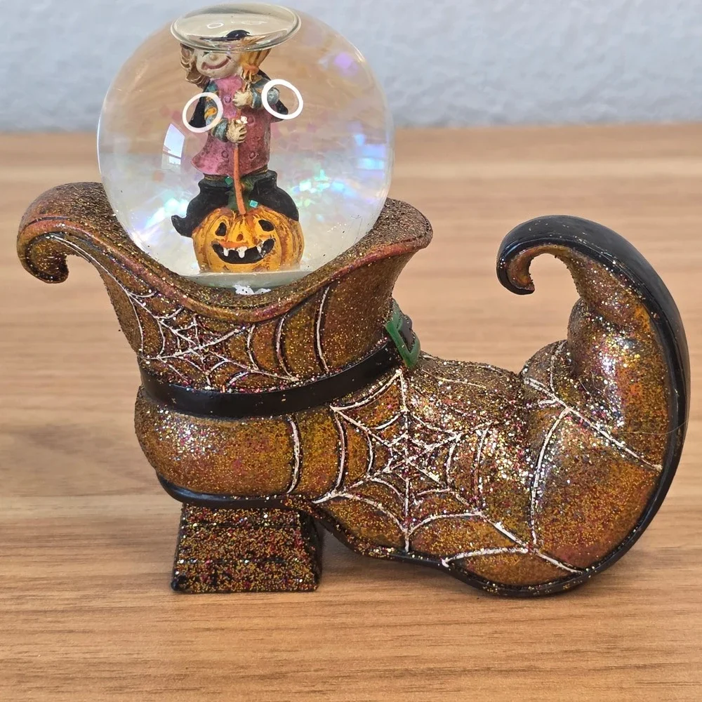 Halloween Snow Globe Witch Boot Set 4pc Black Cat Ghost Scarecrow Pumpkin